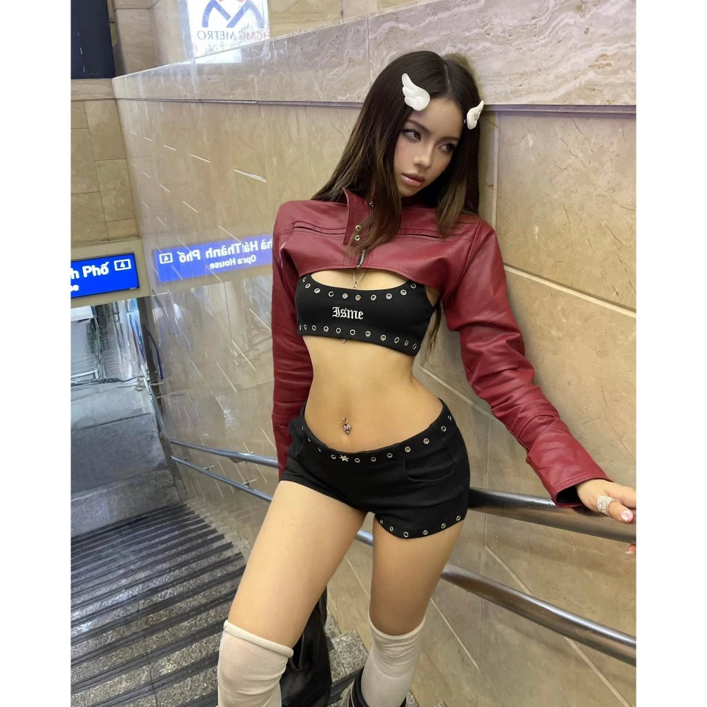 ISME PRIVATE CLUB MINI CROPPED LEATHER JACKET