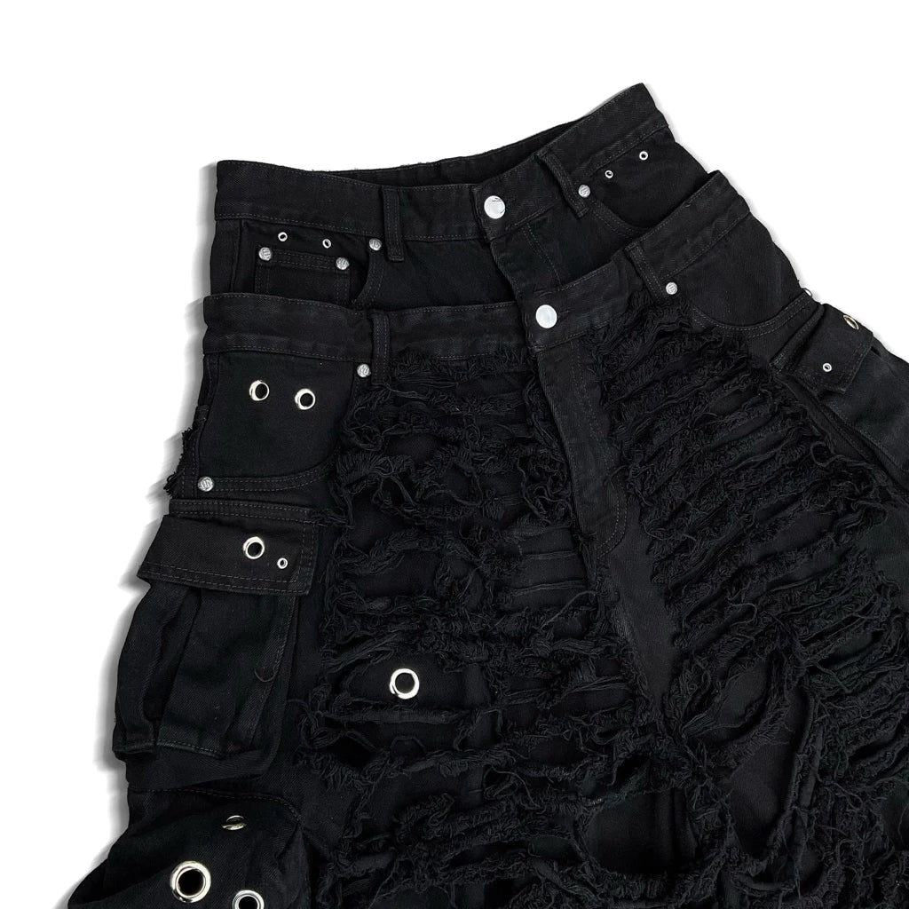 NIYU Double Waist Distressed Denim Shorts - Super Destroyed Jorts